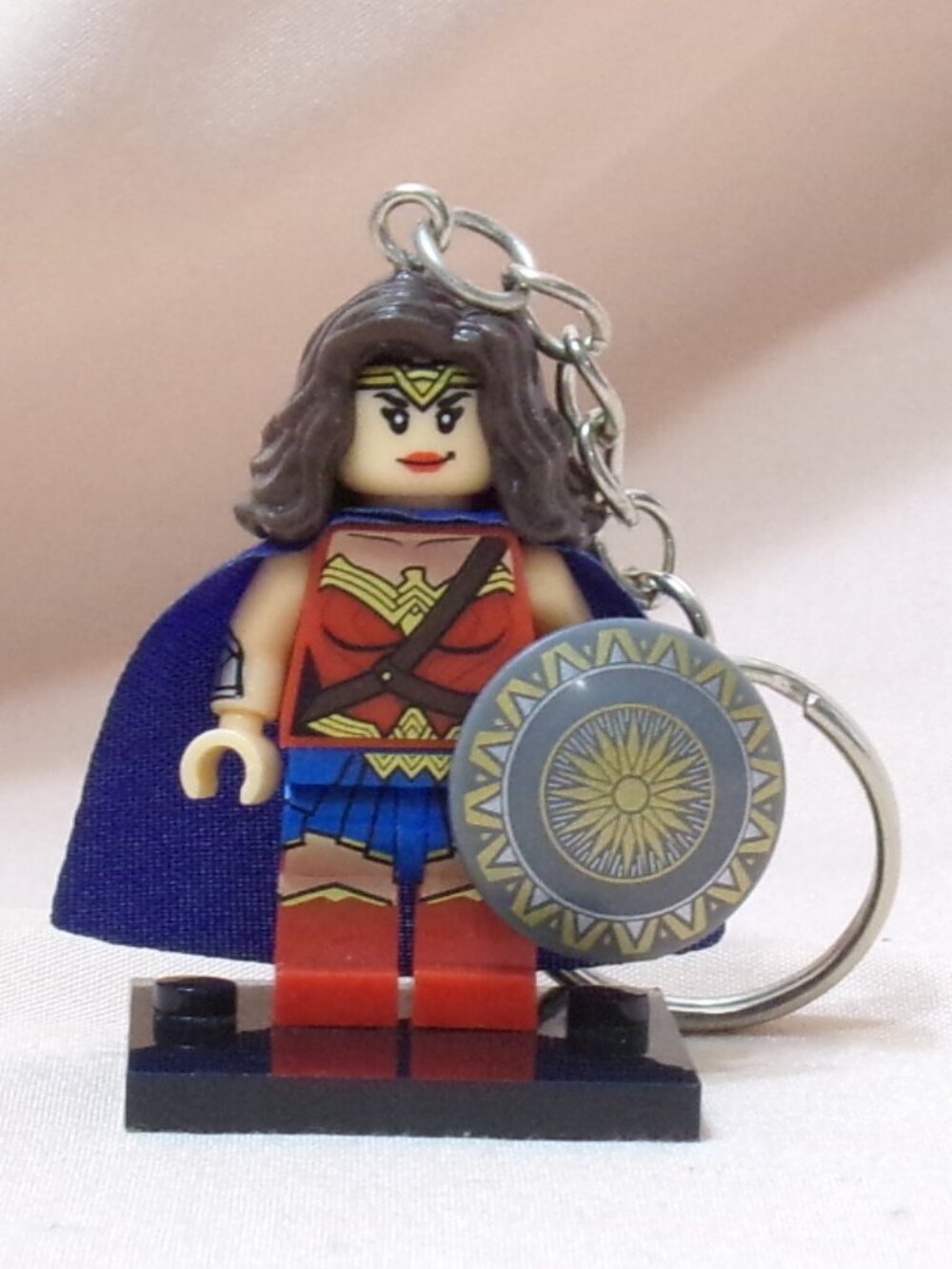 Minifigure Keychain - Custom Wonder Women with Cape Shield + Stand Marvel New